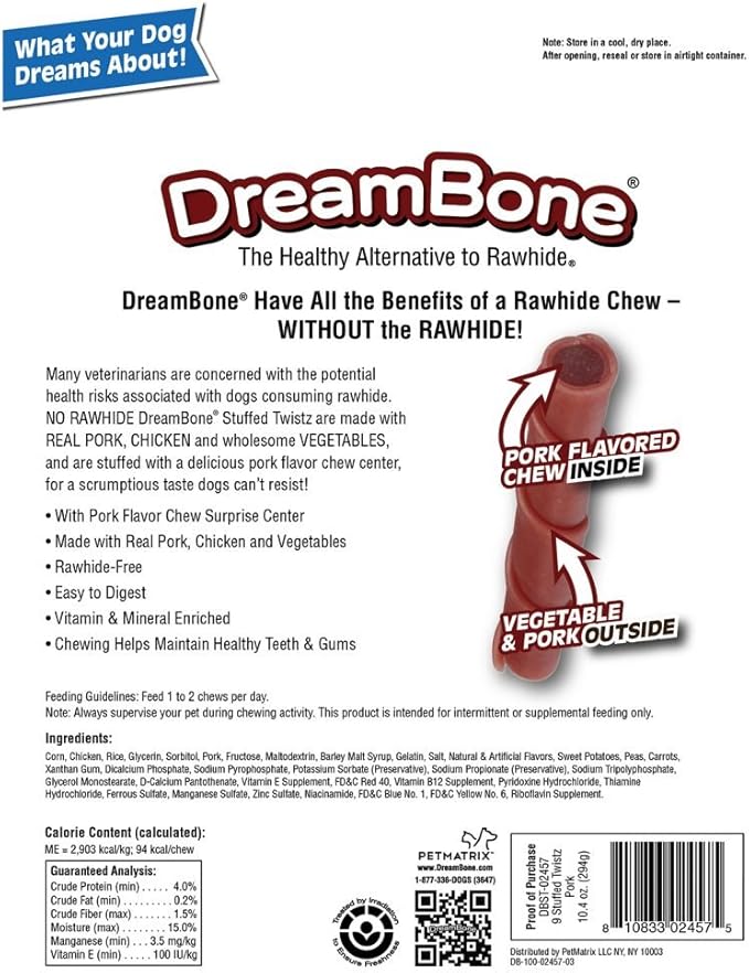 Dreambone Dbst-02457 Pork Stuffed Twist Pet Chew Treats (9 Pack), One Size