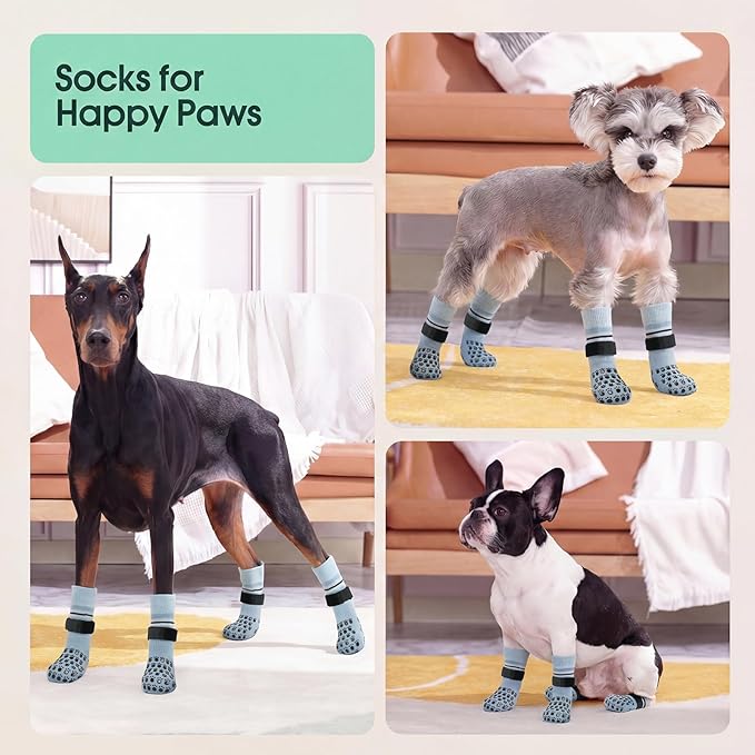 Kuoser Dog Socks, Non-Slip Dog Grip Sock for Hardwood Floors, No Twist Dog Boots & Paw Protectors 4 Pcs Anti-Scratch Hot Pavement Winter Snow Socks for Small Medium Large Senior Dogs, Grey XL