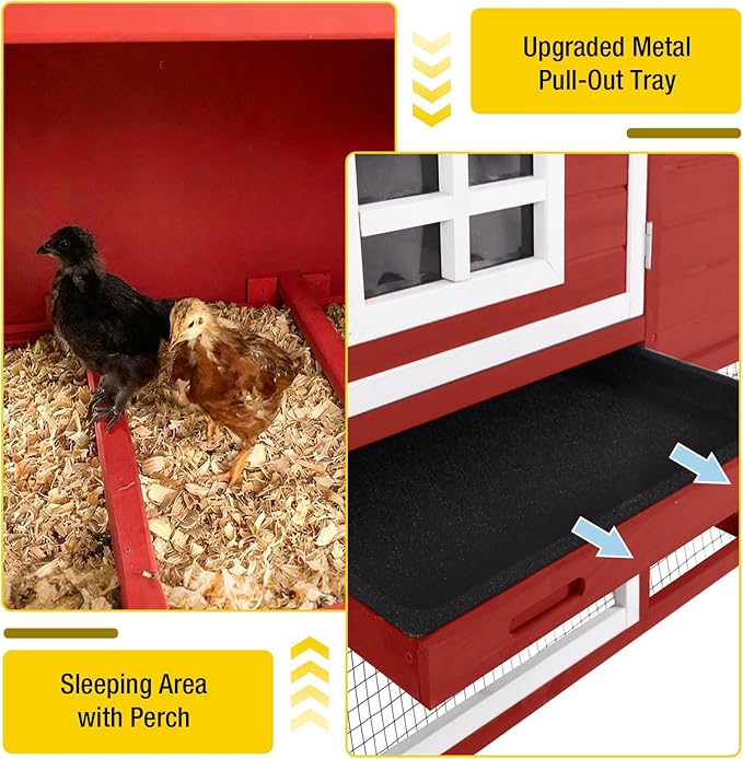 Wooden Chicken Coop, Large Chicken Tractor with Wheels, Weatherproof Hen House with Nest Box and Removable Tray, Mobile Poultry Hutch for 2-4 Chickens, Rabbits & Ducks (Red)