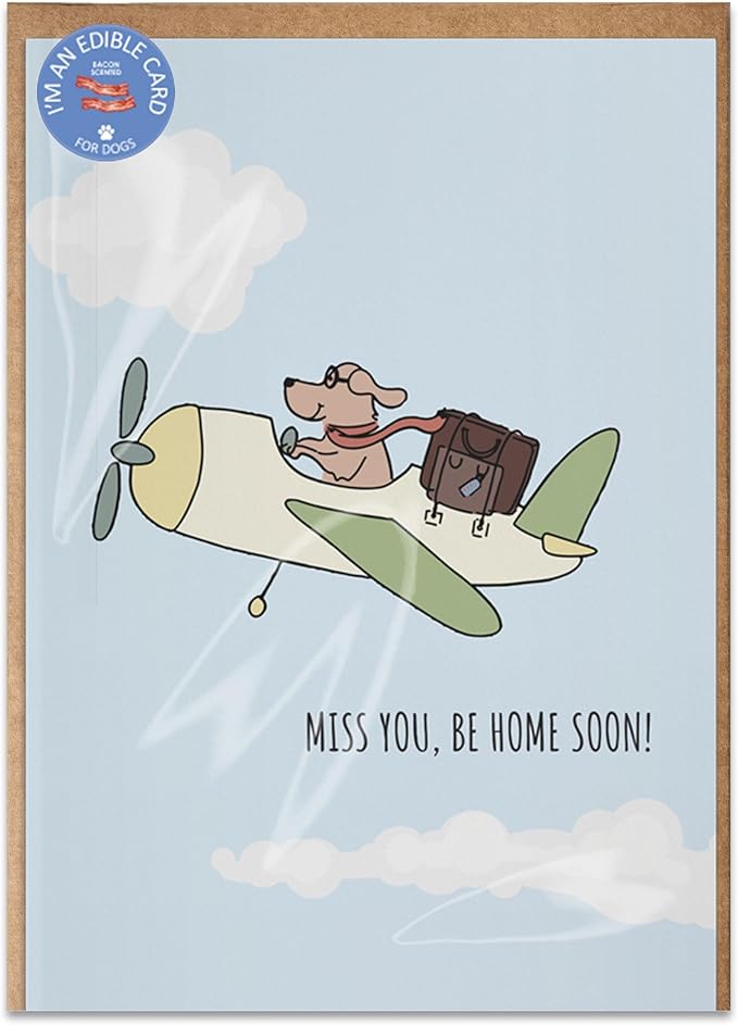 Poochie Post Edible Greeting Card for Dogs, Bacon-Flavored Dog Treat Gift with Edible Ink Pen, "Miss You Be Home Soon" Design, Gluten & Grain Free, Made in USA
