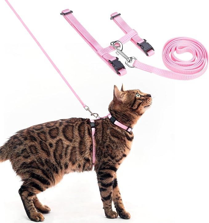 PUPTECK Adjustable Cat Harness and Leash Set Escape Proof Kitten Strap Collar for Walking Travel, Pink, M