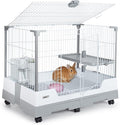 OIIBO Deluxe Rabbit Cage, 32" × 21" × 26" Large Space Bunny Cage Foldable Small Animal Cage with Pull Out Tray and Caster Platform, Professional Household Anti-Spray Urine Rabbit Cage Hutch Indoor
