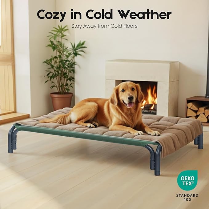Elevated Dog Bed Raised Outdoor Dog Cot for Large Dogs, Installation Requires No Tools, Frame with Washable Cooling Breathable Mesh Anti-Slip Feet, Indoor Pet Bed, Green, 43.3 Inches
