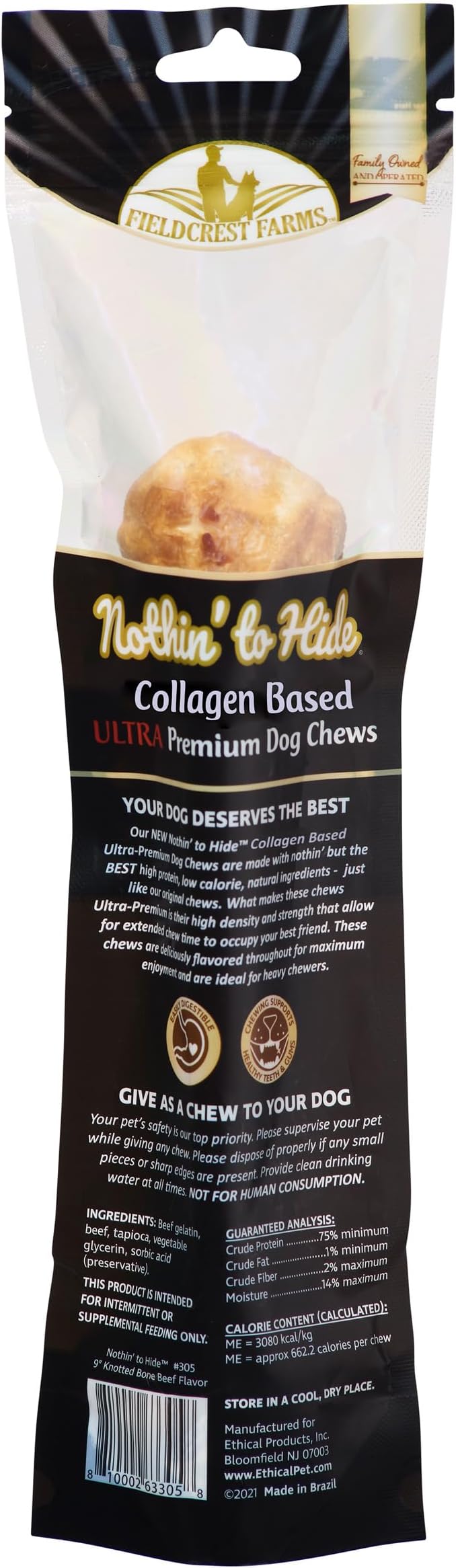 Fieldcrest Farms Nothin' to Hide 9-inch Ultra Knotted Bone Treat - Natural Rawhide Alternative Treats for Dogs, Collagen Based Snack for Heavy Chewers Over 50lbs - Beef Flavor, 1 Pack