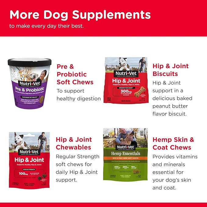 Nutri-Vet Extra Strength Hip & Joint Supplement for Dogs, Puppy Supplements, Dog Joint Supplement, Contains 500mg of Glucosamine, 200mg of Chondroitin, 50mg of MSM, Puppy Essentials, 120 Tablets