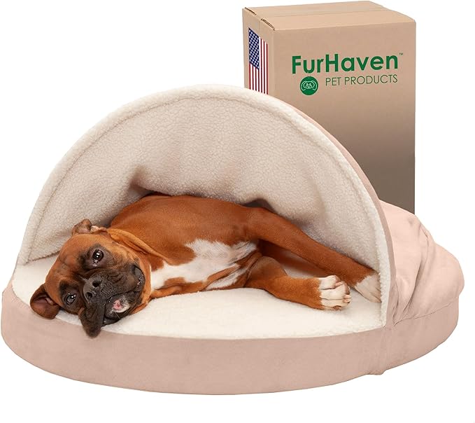 Furhaven 35" Round Memory Foam Dog Bed for Large/Medium Dogs w/ Removable Washable Cover, For Dogs Up to 50 lbs - Sherpa & Suede Snuggery - Cream, 35-inch
