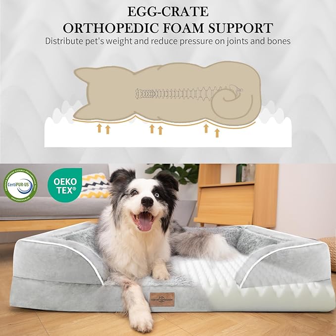 Comfort Expression Orthopedic Dog Bed for Extra Large Dogs 45x35 Inch, Waterproof Egg Crate Foam XL Pet Bed with Removable Bolsters, Dog Couch with Washable Cover & Non-Slip Bottom, Grey White