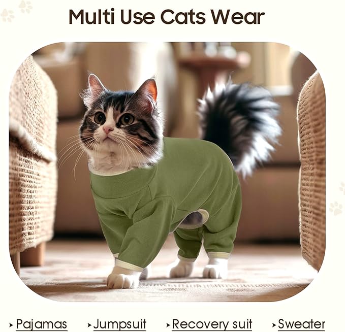 DENTRUN Cat Clothes for Hair Control with Hair Sticky Fabric - Soft Recovery Suit & Breathable Lint-Resistant Cat Sweater for Cats Only, Kitten Onesie Pajamas, L, Army Green