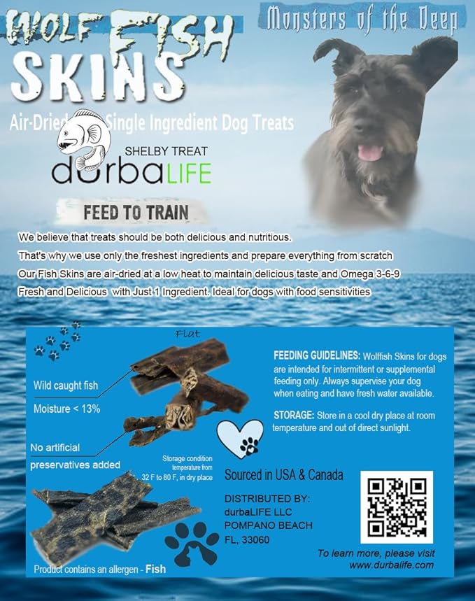 Wolffish Skin Treats for Dogs (2 Fish Sticks 6-in Each) Hand Wrapped w/Single Ingredient Super Tasty Dog Chews