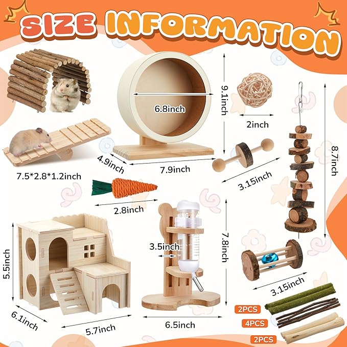18 Pcs Hamster Cage Accessories, Silent Hamster Wheel, 15 Chew Toys Set, Maze Wood House and Water Bottle Set for Rat Mice Small Animals Habitat (Harmony Wooden Style)
