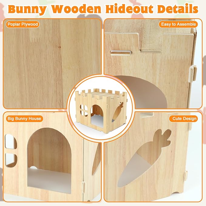 YUEPET Wooden Rabbit Castle, Rabbit Hideout and House Detachable Bunny Habitat Indoor Small Animal Hideout for Adult Bunny Guinea Pig Chinchilla