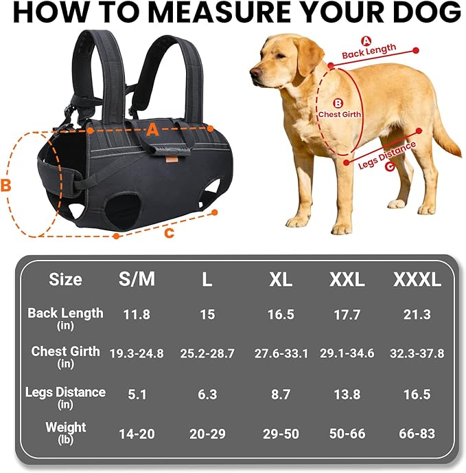 Dog Lift Harness Backpack Carrier for Large Dogs, Full Body Sling with Handle, Dog Harness for Joint Injuries, Arthritis, Ideal for Stairs, Elderly Dogs (Black S/M-Large 14-20 LBS)