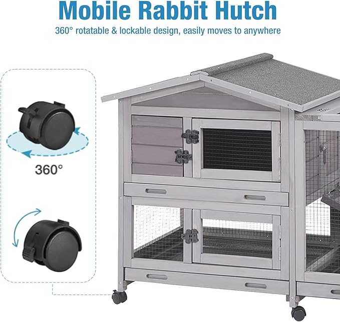 Rabbit Hutch Indoor, 62’’ Bunny Hutch Outdoor, Mobile Rabbit House with Wheels, Wooden Bunny Cage with Leakproof Tray, Chew-Proof Ramp for Guinea Pig(Grey)