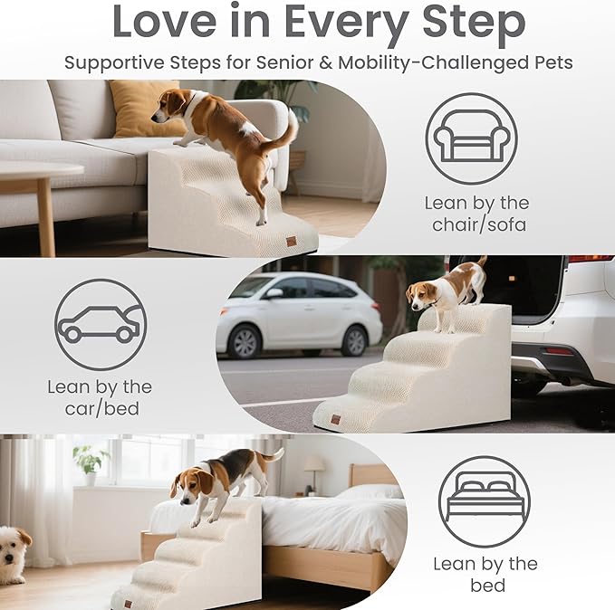 GoGoBunny Ramp Dog Stairs for High Beds 24.4" H, 5-Step Extra Wide Dog Slope Stairs with Durable Waterproof Fabric Cover, Pet Steps for Old Large Dogs Climbing, Non-Slip Sturdy Indoor Step, Beige