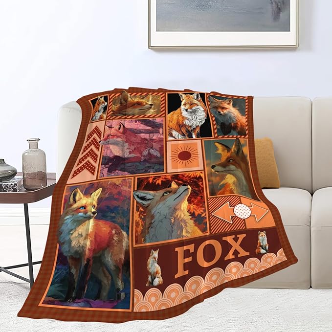 Fox Throw Blanket Orange Fox Stuff Gifts for Kids Girls Boys Adults Women Men Soft Cozy Warm Plush Fluffy Fuzzy Fleece Blanket Decor 50''X60''