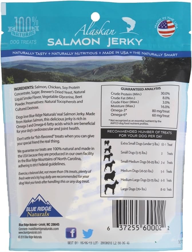 Blue Ridge Naturals 2 Pack of Alaskan Salmon Jerky Wheat-Free Dog Treats, 1 Pound each, Made in the USA