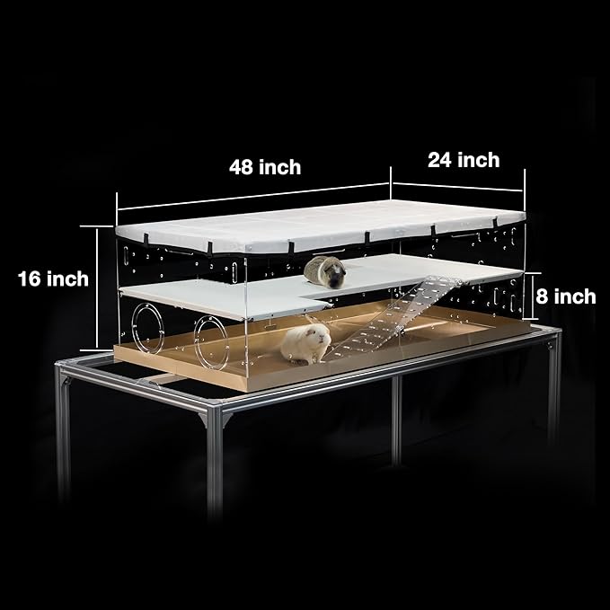 GuineaLoft™ Model-A3 Acrylic 2-Tier Cage (48"x24"x16") - Luxury Loft Habitat with 2nd Floor & Ramps - Clear Escape-Proof Enclosure for Guinea Pigs - Includes Ventilated Cover & Disposable Bottoms