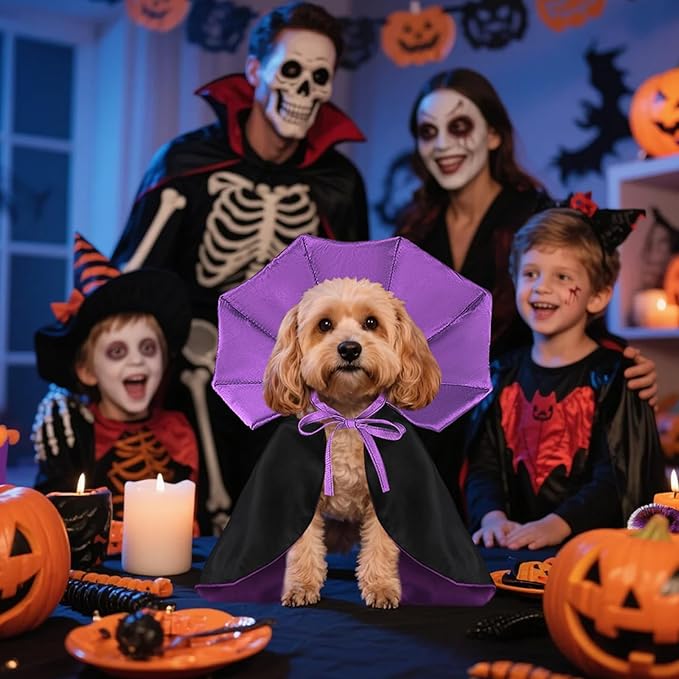 QKURT Cat Vampire Cloak-Pet Halloween Costumes, Dogs Cats Cape, Pet Cosplay Vampire Cloak & Accessories Costume Outfit for Halloween Party (Purple,L)
