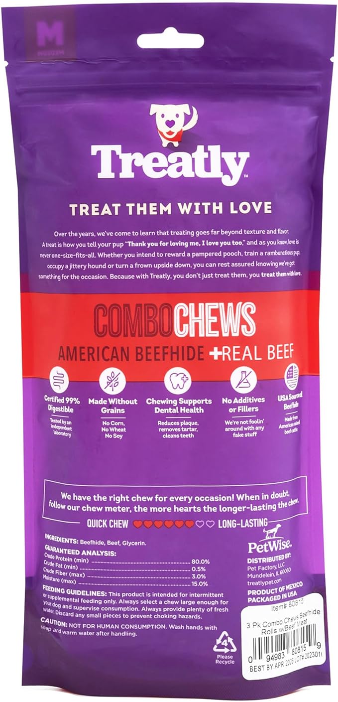 Combo Chews Beefhide Rolls 7" w/Beef Meat Wrap Dog Chew Treats - 3 Count/4 Pack