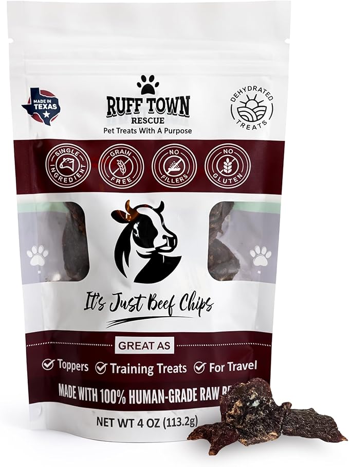 Beef Chips | 100% Single-Ingredient Beef Jerky Dog Treats | Healthy, Natural Treats for Dogs | High-Protein, Grain-Free, Ideal for Training & Sensitive Stomachs | Made in Texas, 4oz