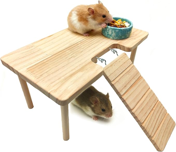 Wooden Hamster Platform with Ladder Rat Climbing Activity Playground Platform Cage Accessories Decor for Dwarf Syrian Hamster Gerbil Rat Mice (Middle)