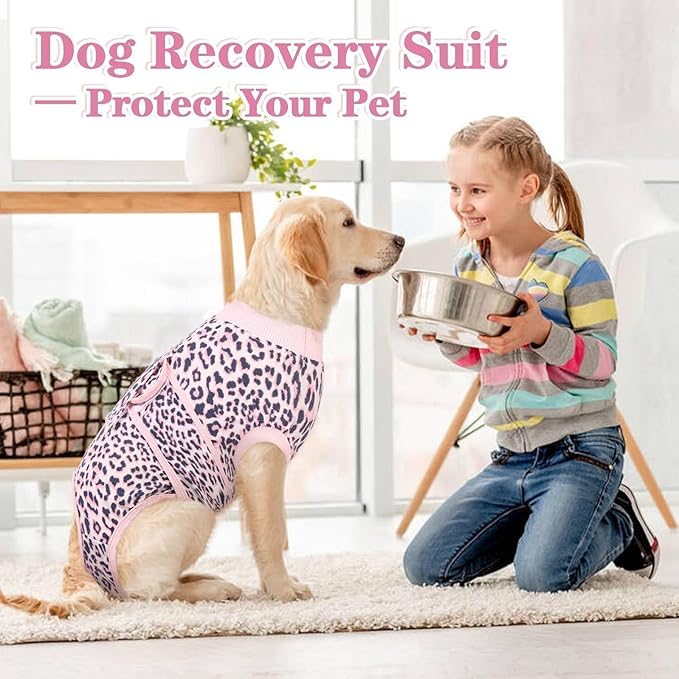 Kuoser Dog Surgery Suit, Comfy Dog Recovery Suit Female Doggie Onesie for Surgery, Post Op Protective Onesie, Soft E-Collar Alternative for Cats & Puppies, PinkLeopard XS