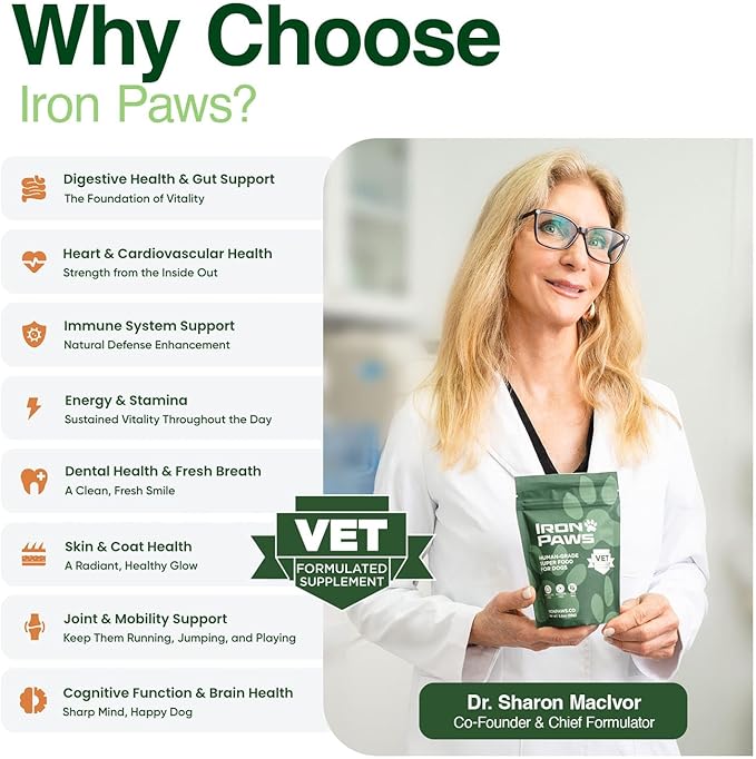 Human-Grade Superfood For Dogs, Premium Greens Powder Supplement For Dental Health, Longevity, Hip & Joint, Gut Health, Allergies, Immune Support, Skin & Coat - 3.5 oz Nutrient Dense Formula