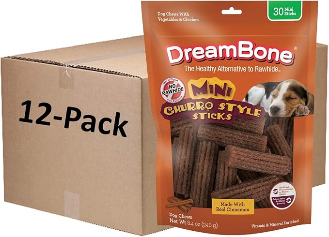 Dreambone Churro-Style Mini Sticks, Made with Real Cinnamon, Rawhide-Free Chews for Dogs 30 Count (Pack of 12)