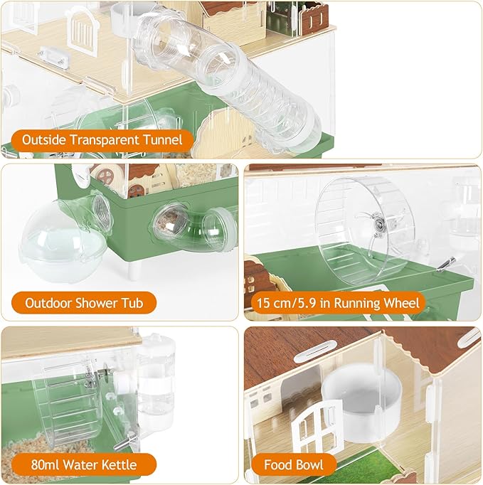 Acrylic Hamster Cage Large Hamster Habitat Dwarf Hamster Enclosure, 13.3''* 9.8''* 17.4'' Clear Pet Mice House for Syrian Small Hamsters, Green