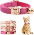 Personalized Non-Breakaway Cat Collar with Name, Luxury Soft Velvet Custom Engraved Name Collar with Bell for Kittens & Cats (Rose, L (7.5-12.5 inches))