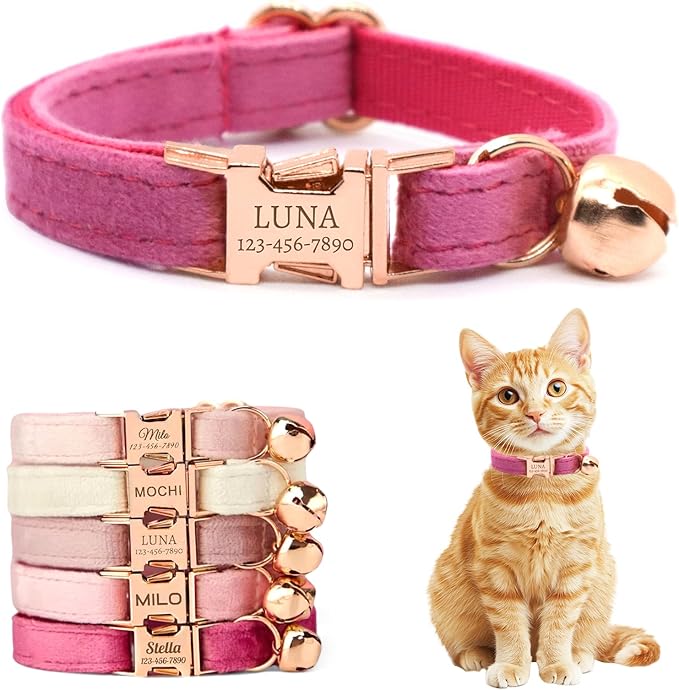 Personalized Non-Breakaway Cat Collar with Name, Luxury Soft Velvet Custom Engraved Name Collar with Bell for Kittens & Cats (Rose, L (7.5-12.5 inches))