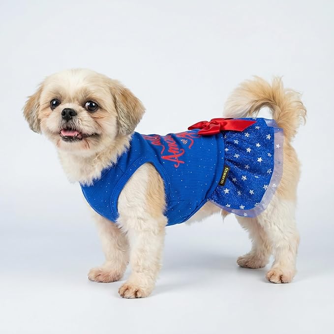 Fitwarm All American Girl Dog Dress, 4th of July Clothes for Small Dogs, Patriotic Tulle Dress, Pet Outfit, Royal Blue, Red, White, Medium