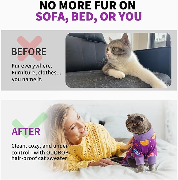 Sticky Hair Cat Clothes, Anti-Shedding Cat Pajamas, Post-Surgery Recovery Onesie, Soft Breathable, Prevents Licking & Scratching Wounds, Warm Cats Sweater, Sphynx Cats Clothing- Purple XXL