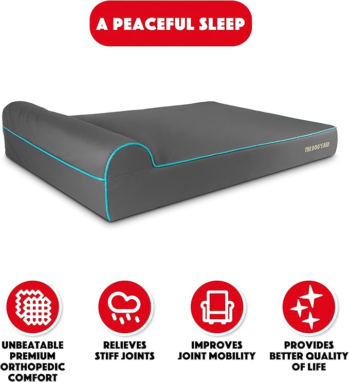 The Dog’s Bed Orthopedic Memory Foam Dog Bed with Headrest, Calming Surface – CertiPUR-Certified Foam, Oxford Fabric, Grey with Blue Trim, XXL, 6-Inch