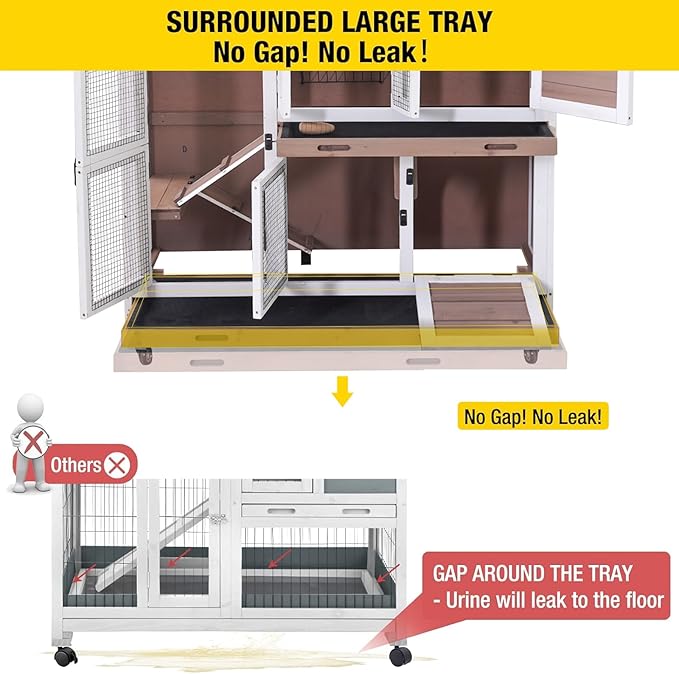 Aivituvin Rabbit Hutch Indoor Bunny Cage with Wheels Outdoor Rabbit Cage Two Story Guinea Pig Cage with No Leak Tray 47 inch