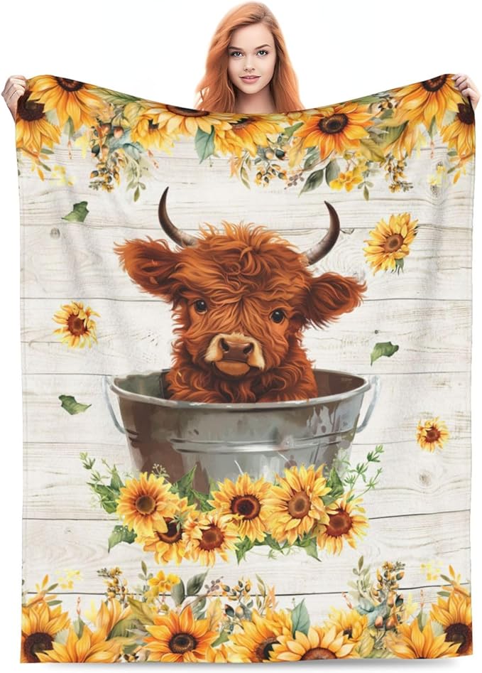 banonaty Highland Cow Sunflower Blanket Cow Throw Blankets Cozy Fleece Flannel Blanket Bedding Highnald Cow Gifts for Men Women Boys Girls Kids Teens for Couch Sofa Bed Decor 40"X50"