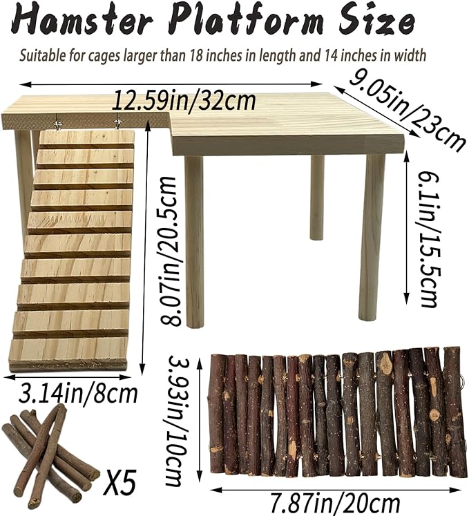 Wooden Hamster Platform with Legs, Large Syrian Hamsters Climbing Platforms with Ramp Kit Wood Ladder Bridge Rat Playing Toy Standing Table Gerbil Cage Accessories