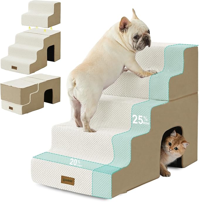 ZOMISIA Dog Steps for High Beds - 5 Step 24" H Pet Stairs with Tunnel 2 in 1 with Zippers Suitable for Small Dogs and Cats, Indoor Cat Ladders with Non-Slip Bottom, Beige