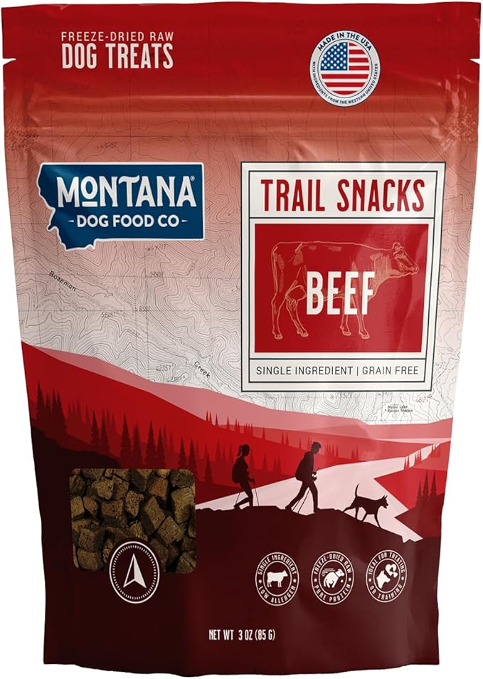 MONTANA DOG FOOD CO. Freeze-Dried Beef Heart Dog Treats (Trail Snacks) – 100% Natural, Single Ingredient, High Protein, Grain-Free, Made in USA – 3 oz Bag