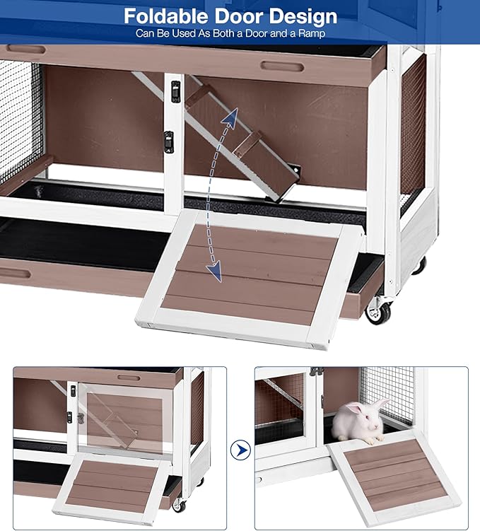 2-Story Rabbit Hutch Indoor Outdoor with Wheels, Bunny Cage with Slip-Proof Ramp, Guinea Pigs Cage with Waterproof Roof & Easy-Clean Tray, Multi-Access Doors, 36" - Brown