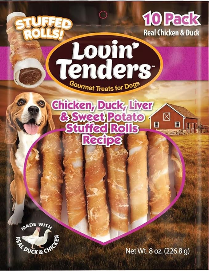Lovin Tenders Chicken Duck Liver & Sweet Potato Stuffed Rolls Dog Treats (2 Pack - 8 oz per Pack)