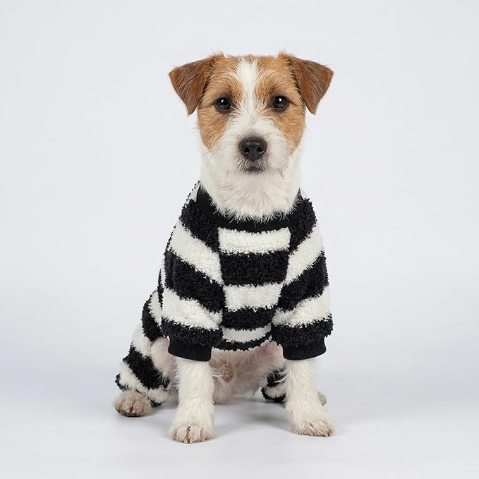 Fitwarm Fuzzy Striped Dog Pajamas, Winter Clothes for Small Dogs Girl Boy, Fleece Dog Onesie, Soft Pet PJS, Doggy Apparel, Black, White, Small