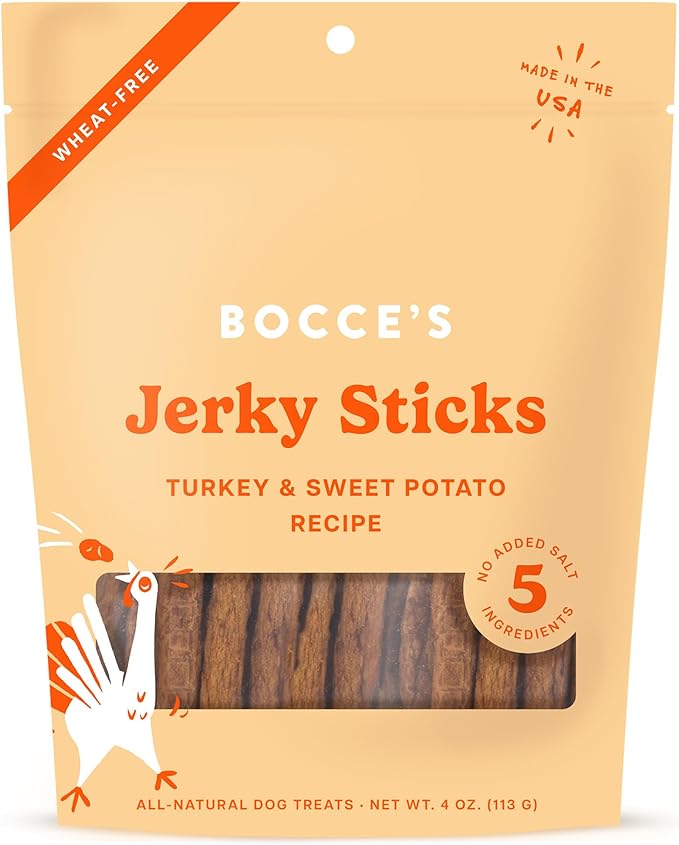 Bocce's Bakery Jerky Stick Dog Treats, Wheat-Free, Made with Limited-Ingredients, Baked in The USA with No Added Salt or Sugar, Natural & High-Protein, Turkey & Sweet Potato, 4 oz