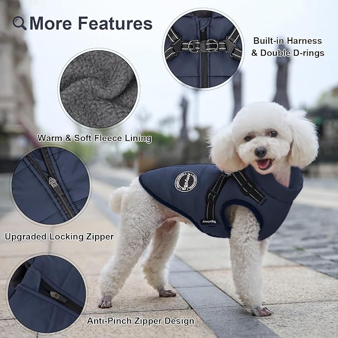 Warm Dog Winter Coat, Dog Cold Weather Jacket with Built-in Harness, Reflective & Adjustable Comfortable Pet Vest, Windproof Apparel for Small Medium Large Dogs (Navy)