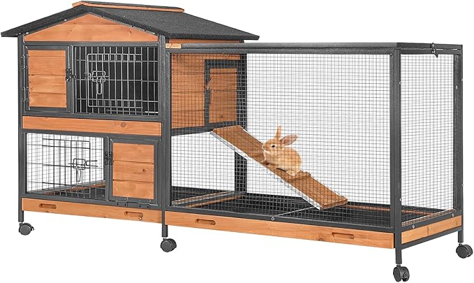 Large Rabbit Hutch Indoor Outdoor, Wooden Rabbit Cage with Chewproof Metal Frame, 62'' Mobile Bunny Cage with Wheels, Pull-Out Tray, Waterproof Roof, Guinea Pig Habitat (Orange)