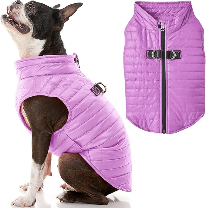 Gooby Puffer Vest Dog Jacket - Purple, Large - Ultra Thin Wind Breaker with Dual D Ring Leash - Water Resistant Small Dog Sweater Coat