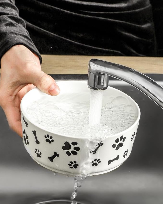 UBEE Ceramic Dog Bowl Set of 2, 5.5 inch Dog Food Bowl Dish with Bone Paw Pattern, Pet Food Water Dish Feeding Plates for Small Dogs, Puppy and Cat, White