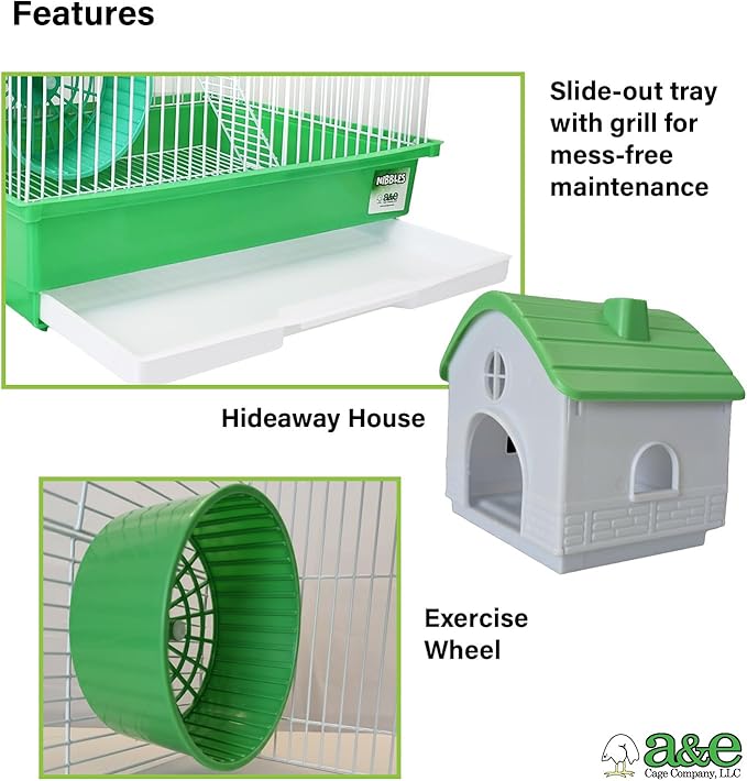 A&E Cage Co HAM007-SP Two Story Hamster Cage – 14" x 11" x 15" Small Animal Habitat with Exercise Wheel & Play House – Hamster, Gerbil & Small Pet Cage with Slide-Out Tray (Green & White)