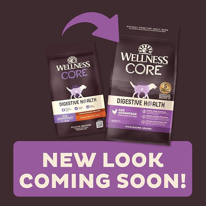 Wellness CORE Digestive Health Senior Dry Dog Food, Wholesome Grains, Natural, Recipe for Dogs with Sensitive Stomachs, Age Advantage Chicken & Brown Rice, (24-Pound Bag)