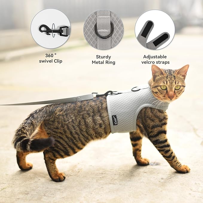 Cat Harness and Leash for Walking Escape Proof Breathable Mesh Fabric, Solid Grey, XX-Large, Adjustable Cat Walking Jackets, Padded Stylish Cat Vest